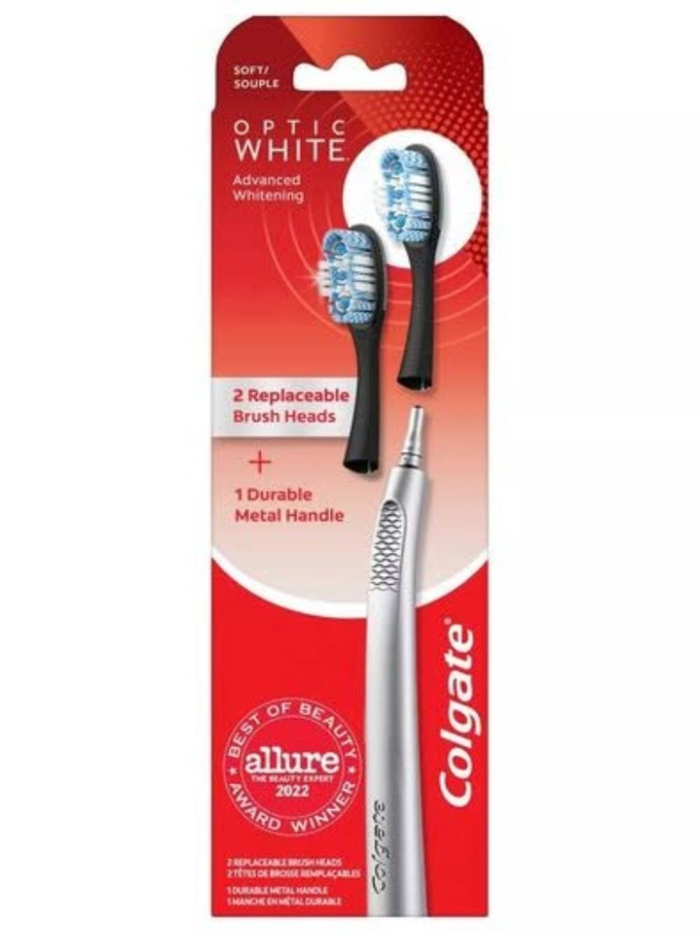Colgate Optic White Toothbrush with Metal Handle and 2 Replaceable Brush Heads.